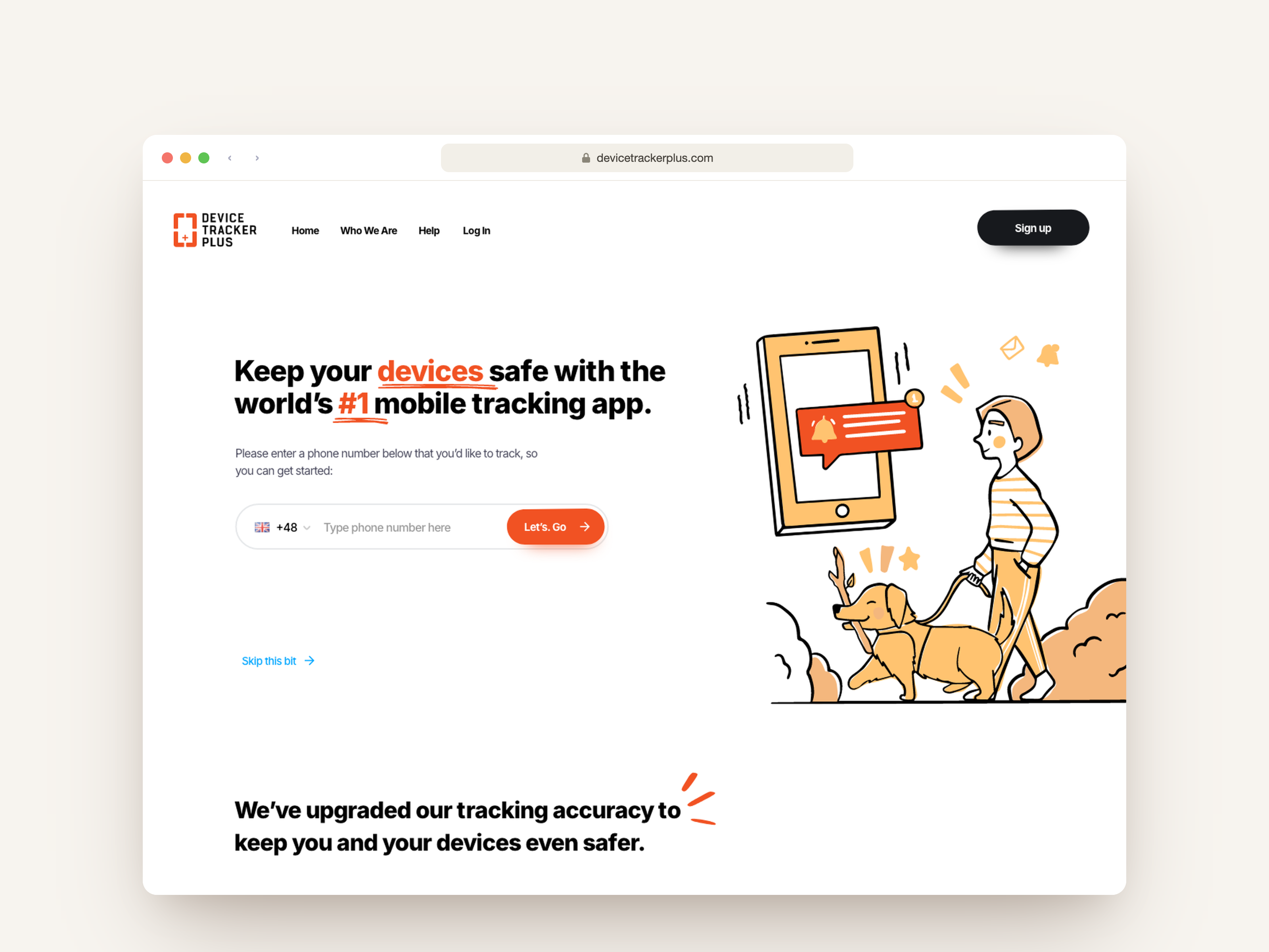 Device Tracker Plus marketing website with phone-number form and original safety illustration