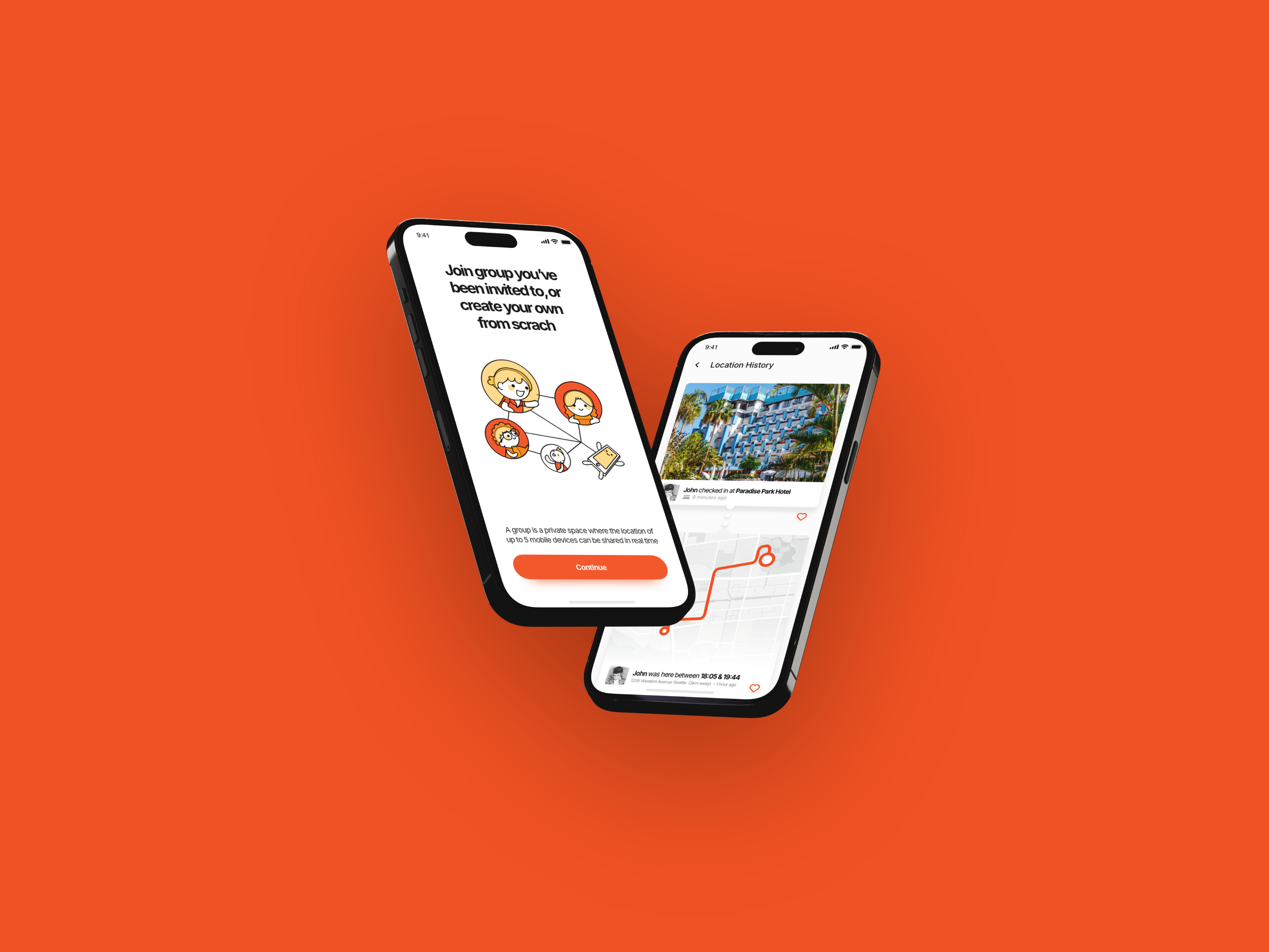 Device Tracker Plus mobile screens showing group setup and location history