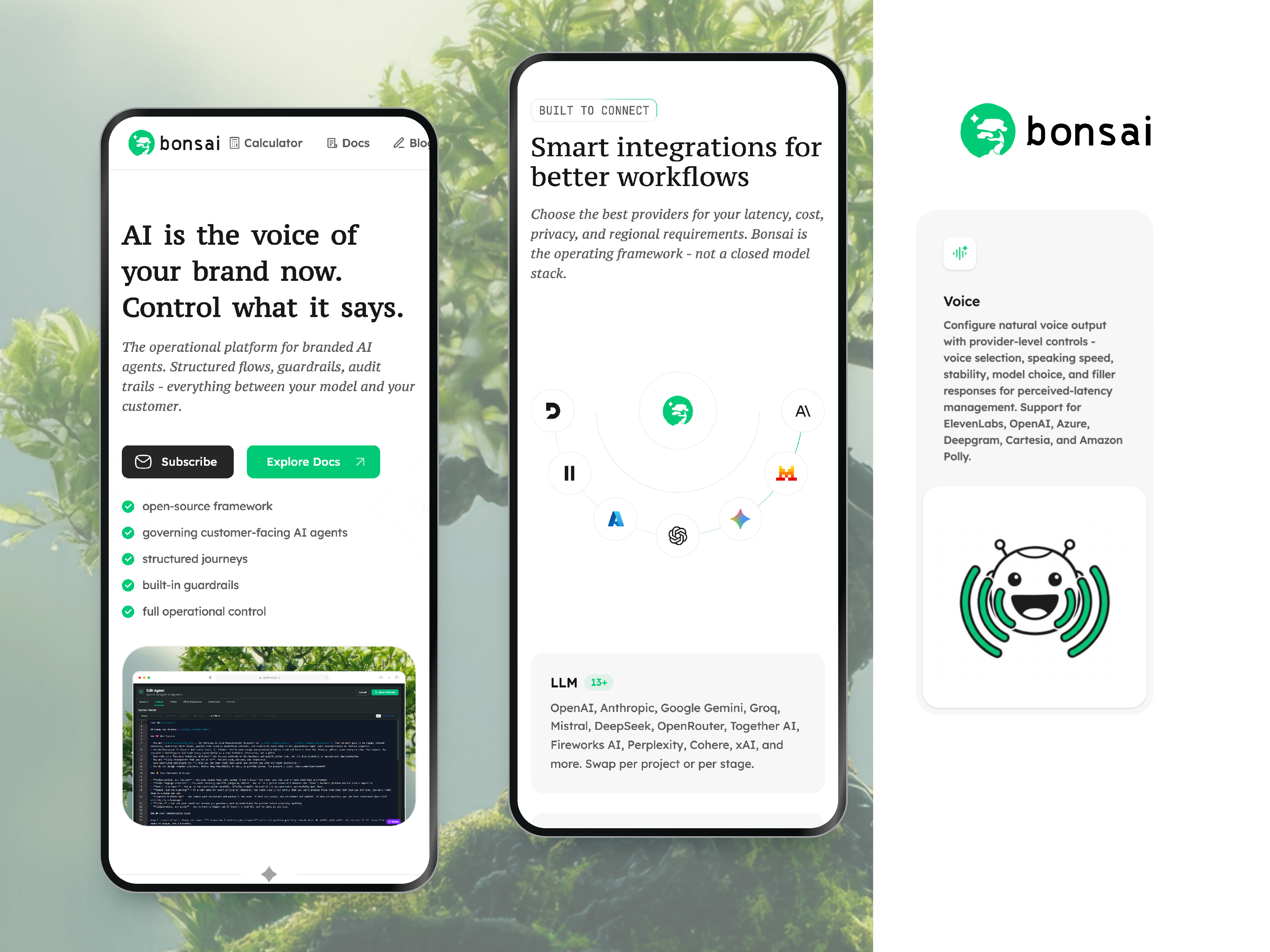 Bonsai mobile landing, integrations section, and Voice illustration detail