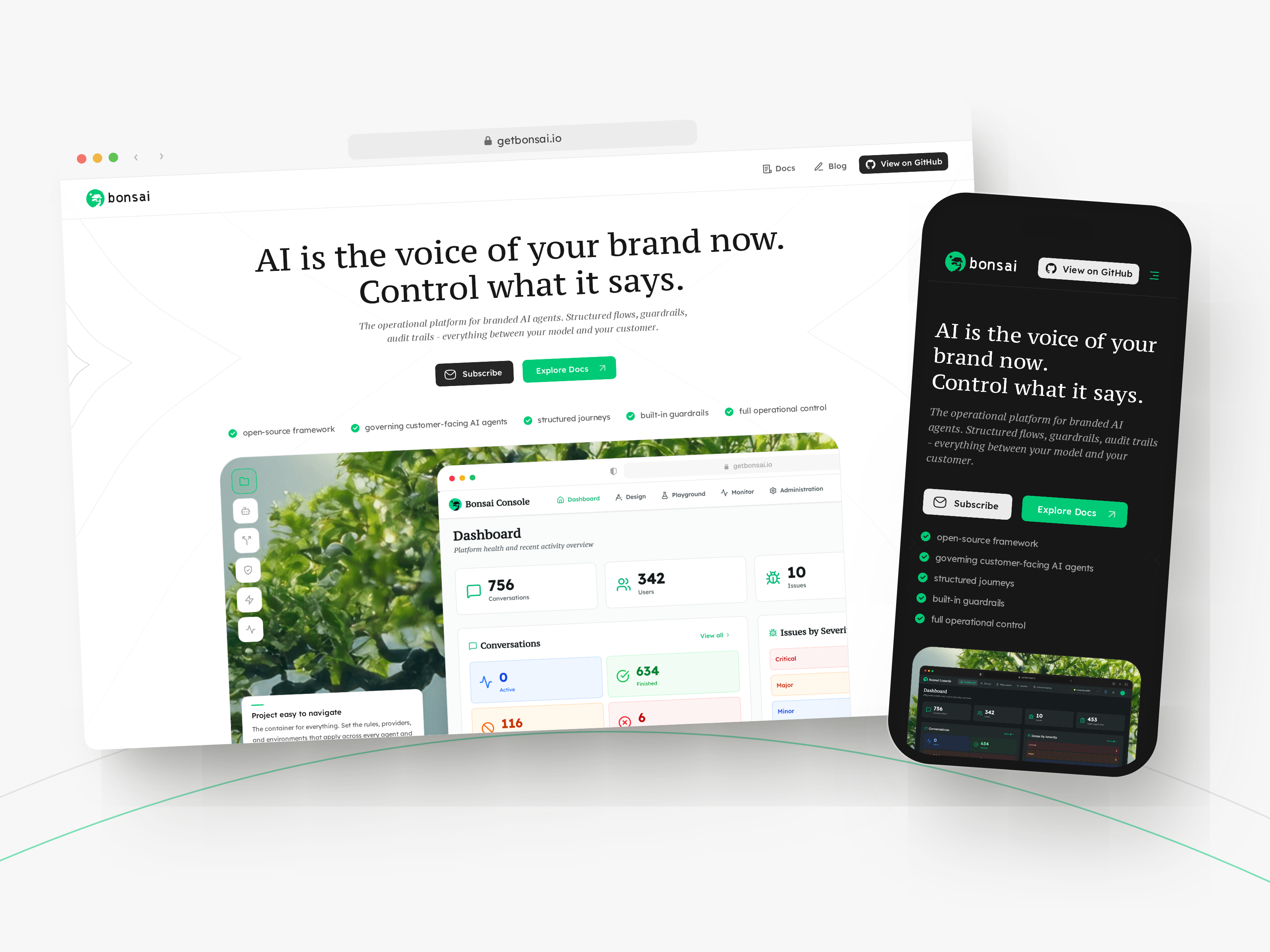 Bonsai desktop and mobile landing pages in light and dark themes