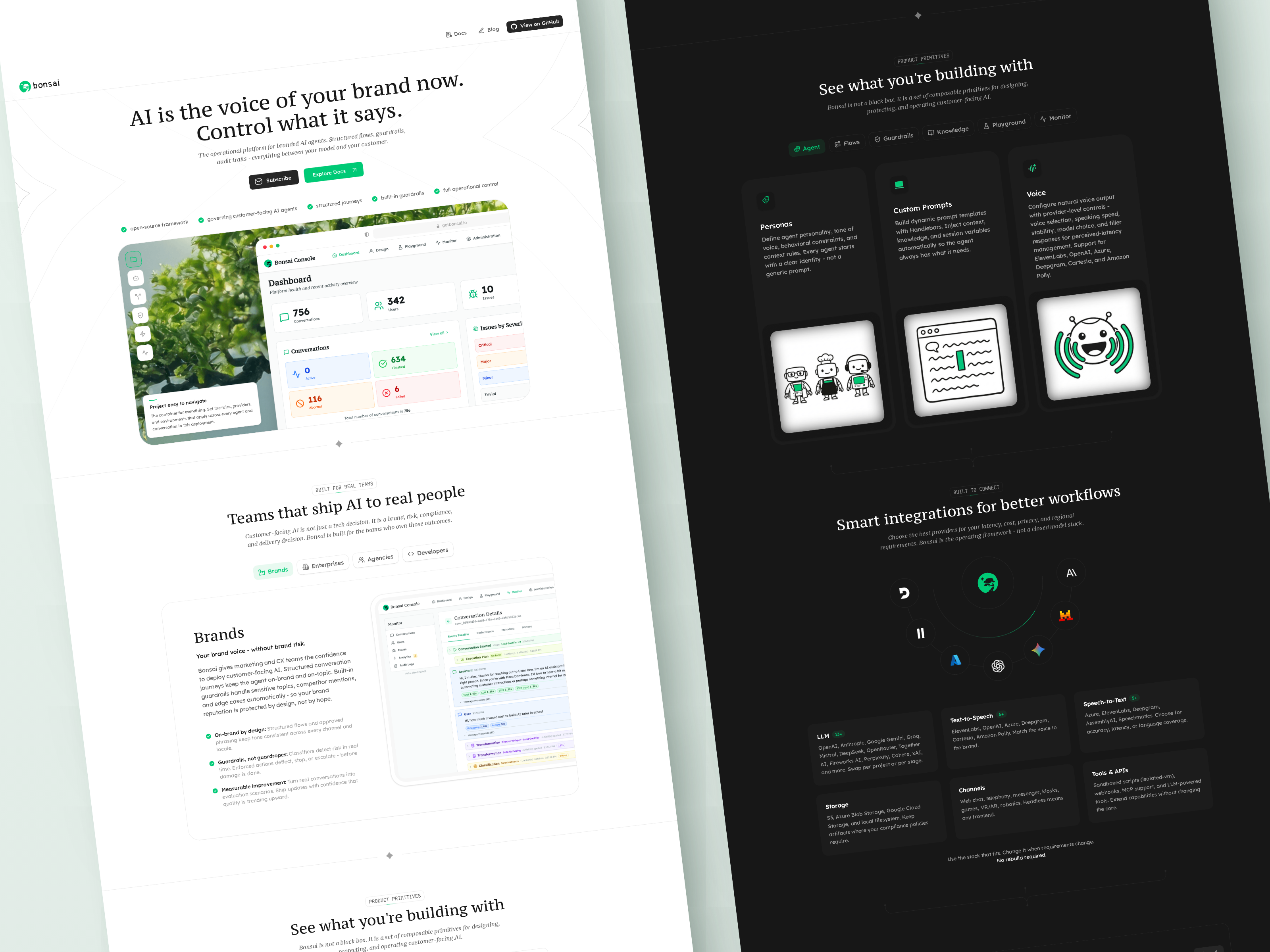 Long Bonsai page views in light and dark themes, showing the hero, audiences, features, and integrations