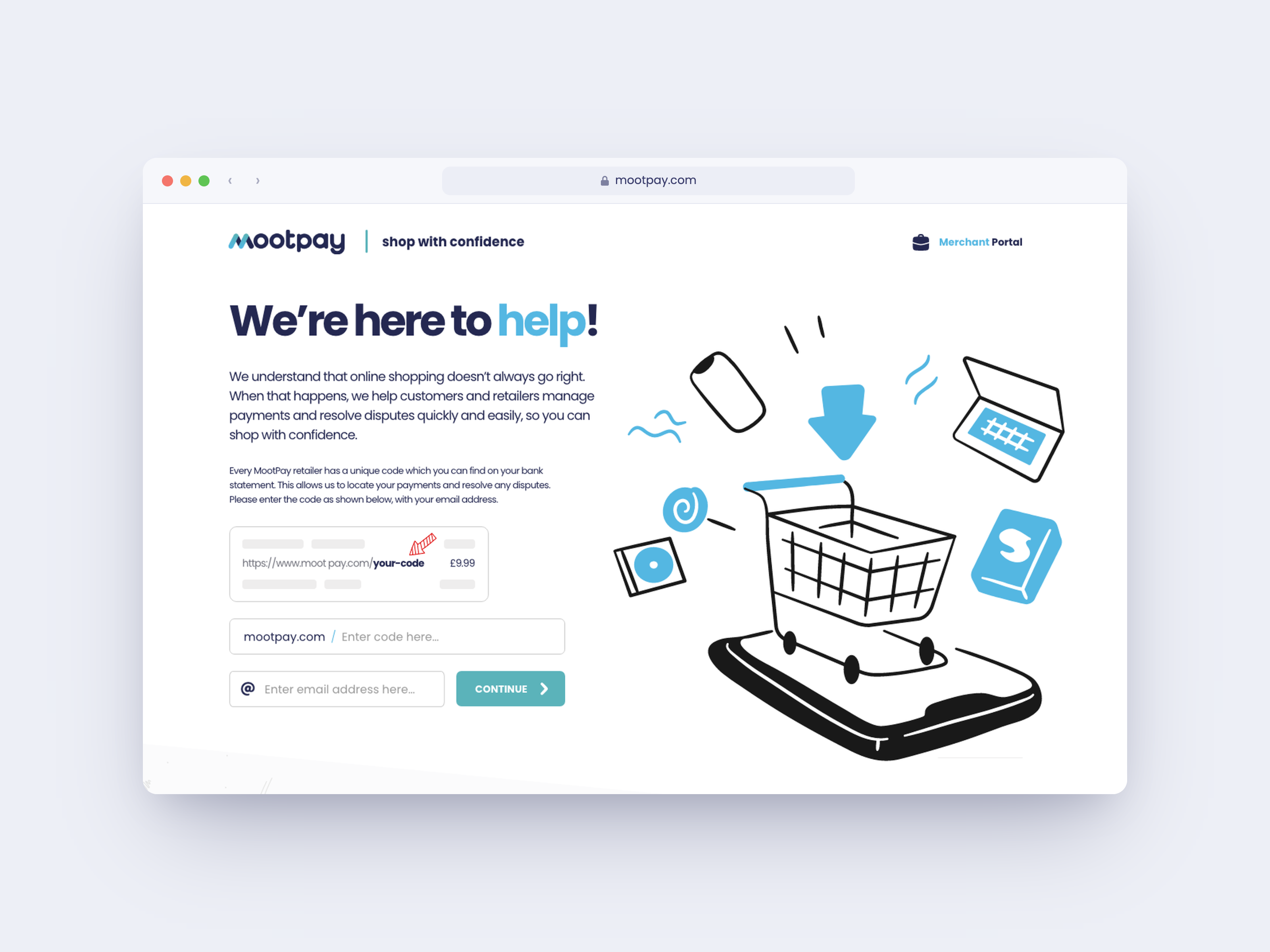 MootPay landing page hero in a browser frame - code-entry form and a hand-drawn shopping cart illustration