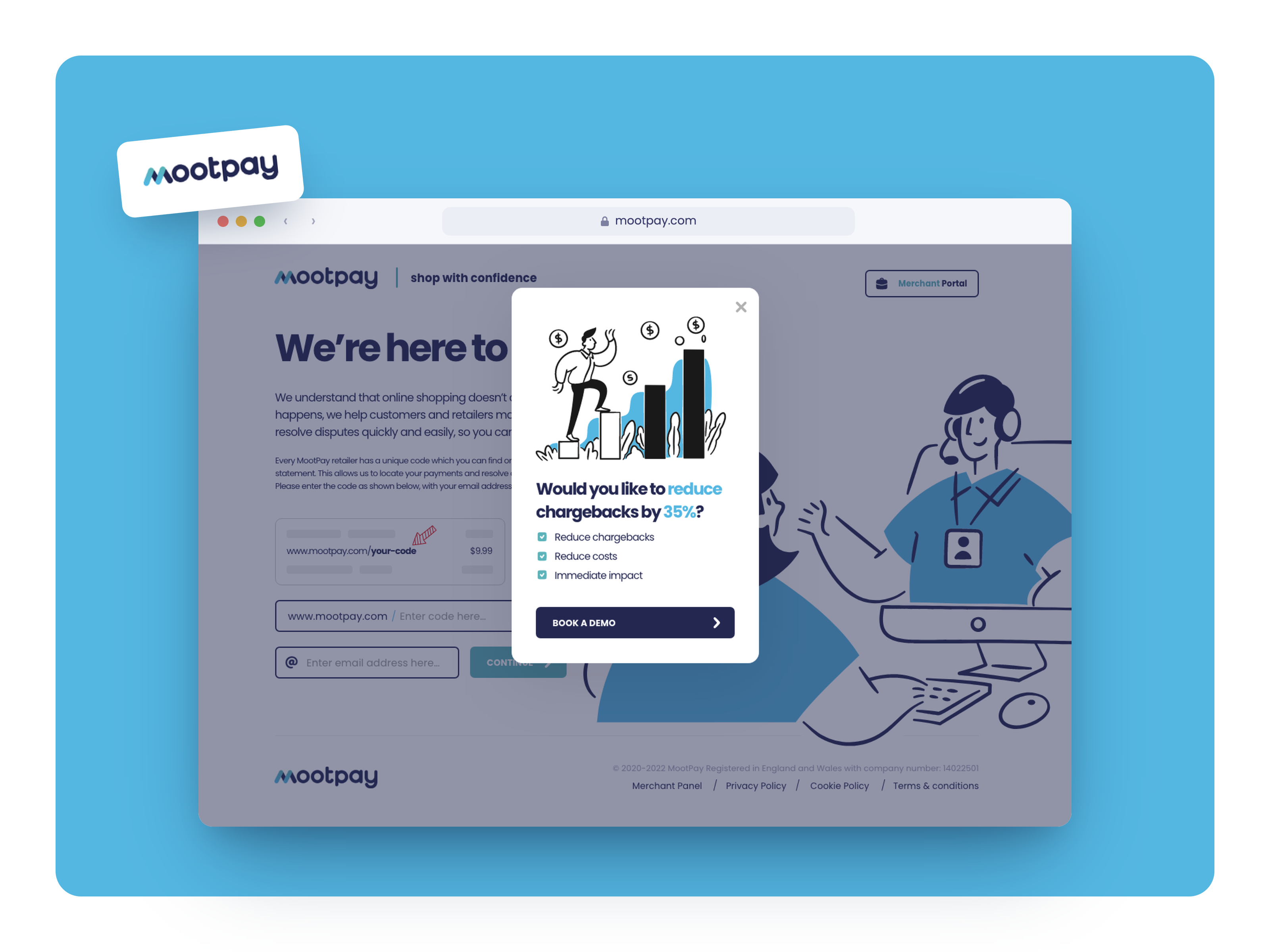 MootPay page with the merchant demo popup, framed on a sky-blue panel with the MootPay logo