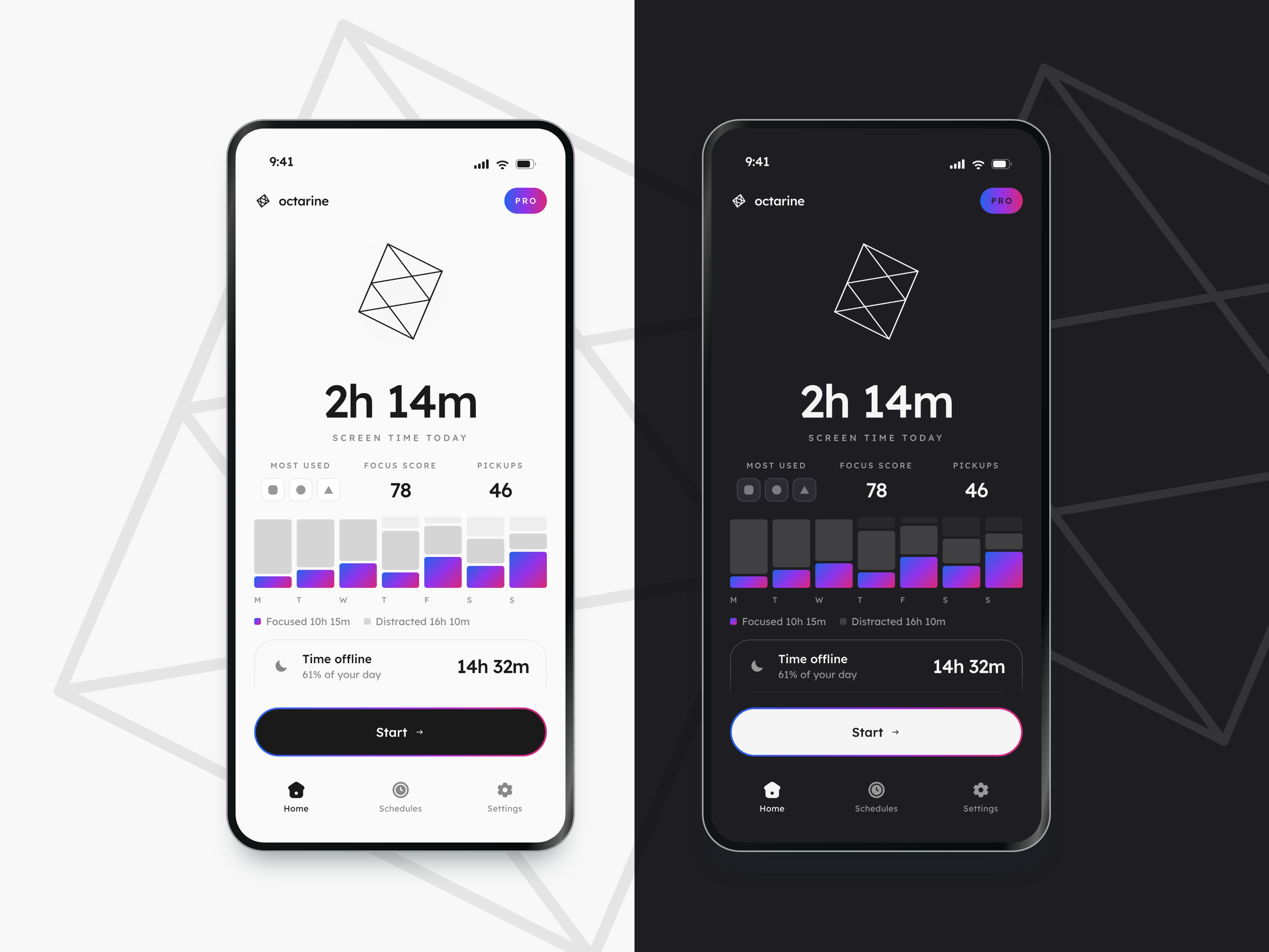 Octarine home dashboard shown side by side in light and dark mode