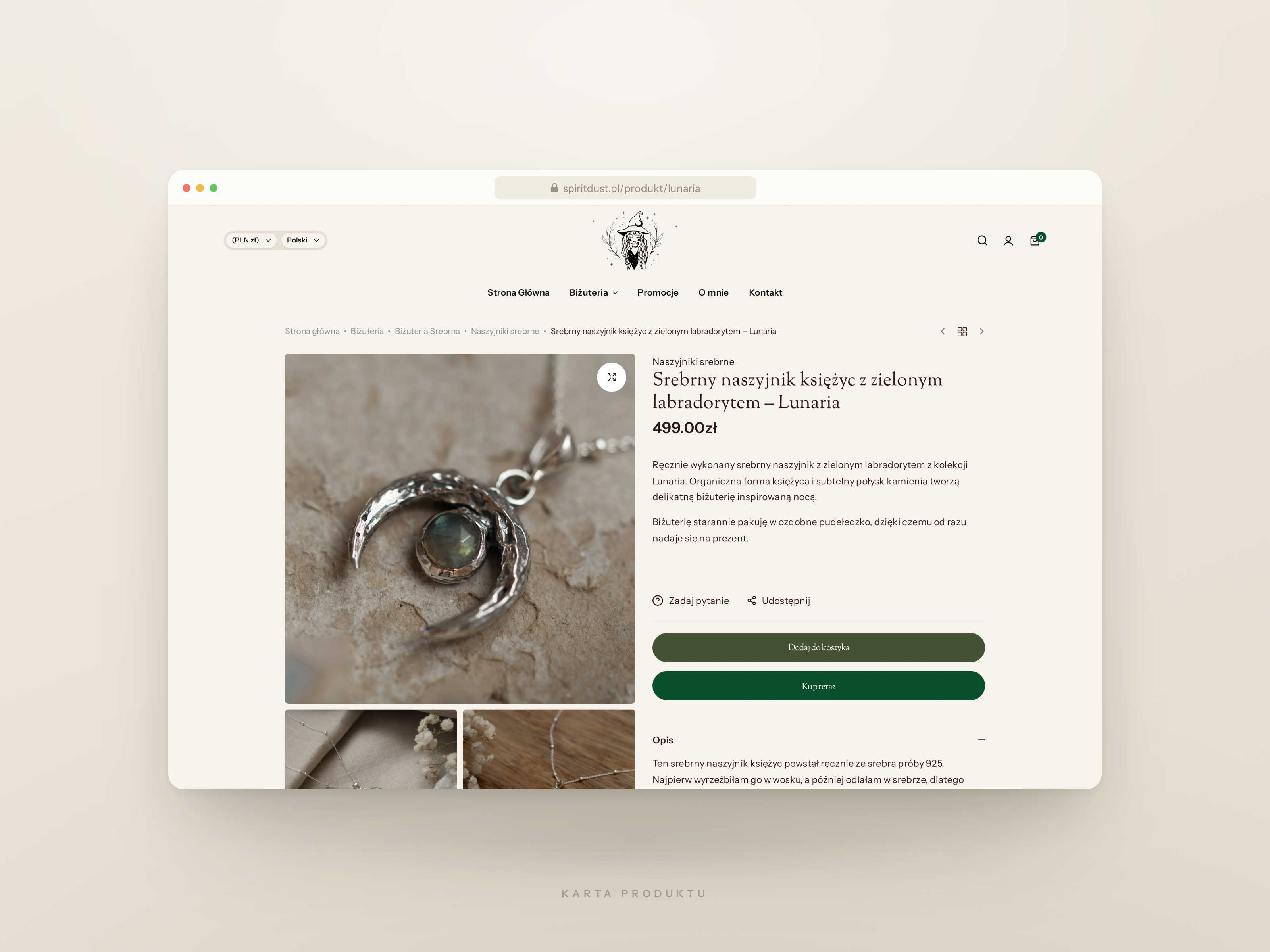 spiritdust.pl product page - a silver moon necklace with green labradorite, gallery, description and buy buttons