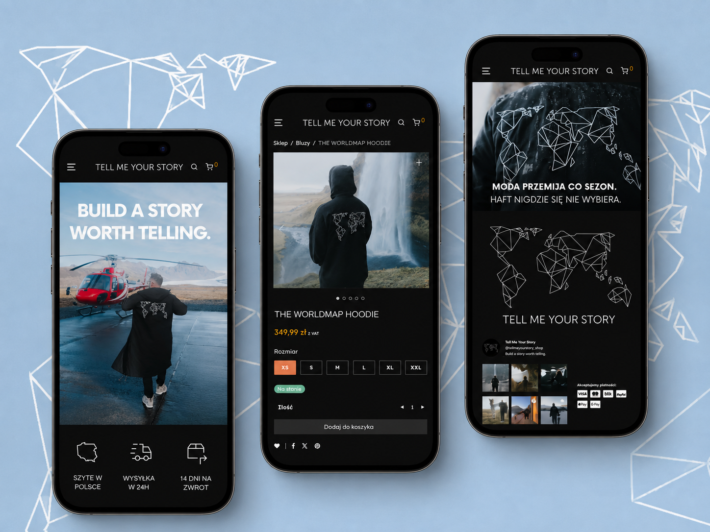 Trzy mobilne widoki sklepu WooCommerce Tell Me Your Story