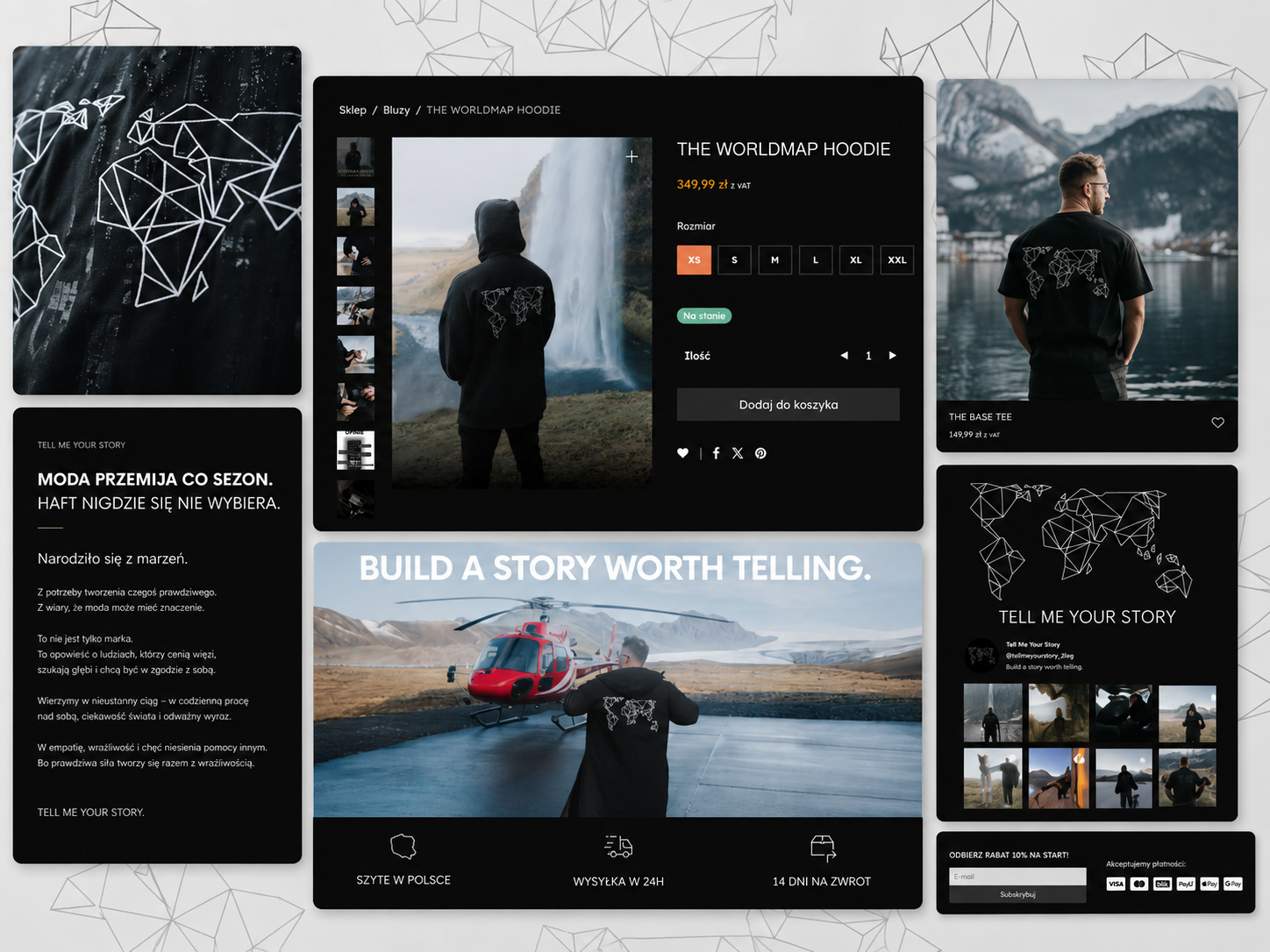Karta produktu Tell Me Your Story, fotografie podróżnicze, haft i detale marki