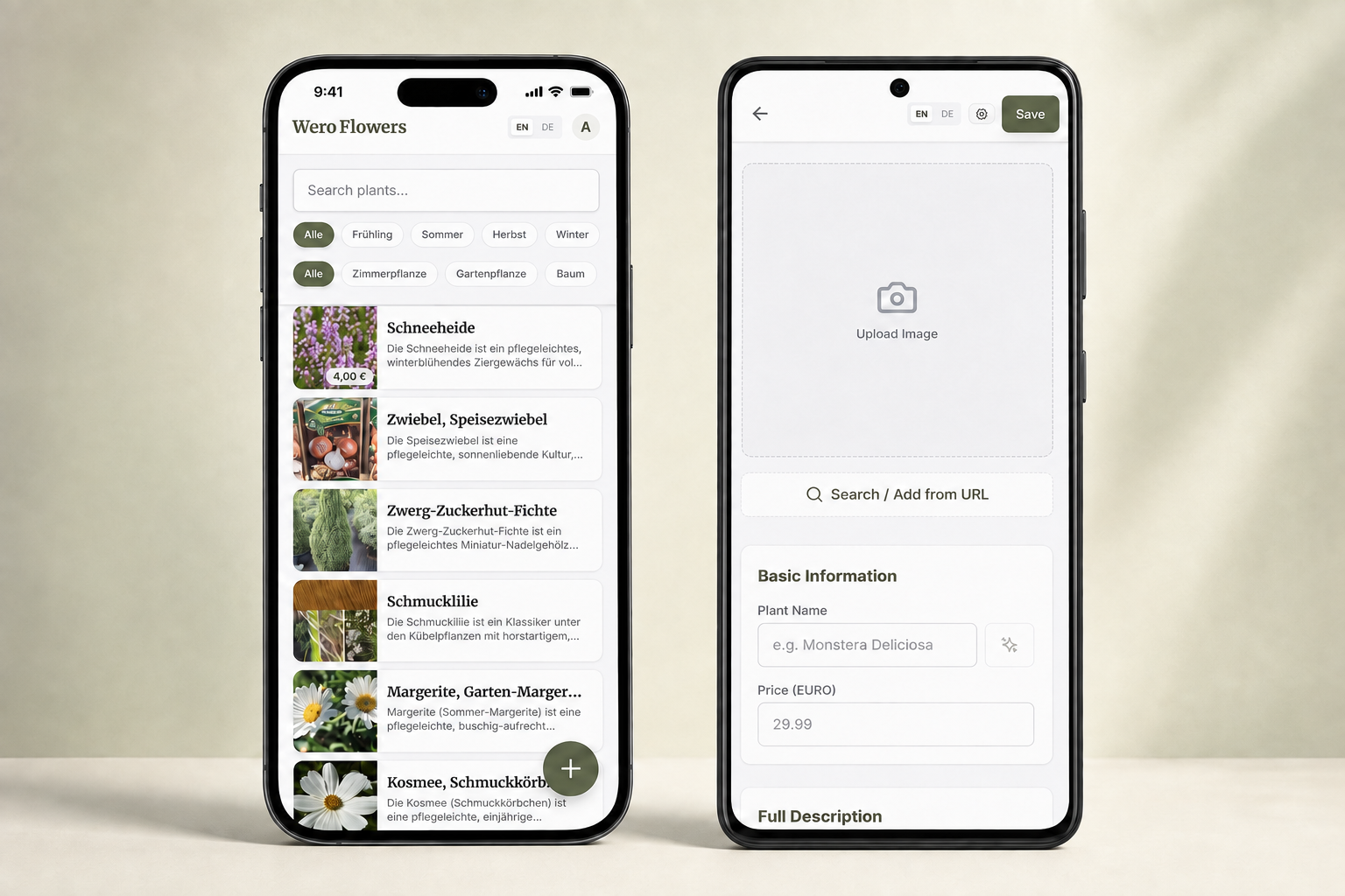 Wero Flowers app on iPhone and Android: plant catalog with prices and the add-plant form
