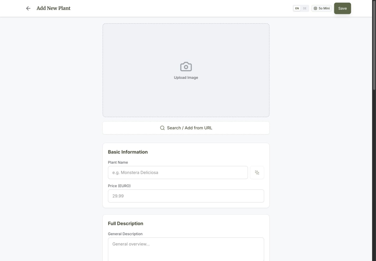 PWA form with a photo, plant name, euro price, and description