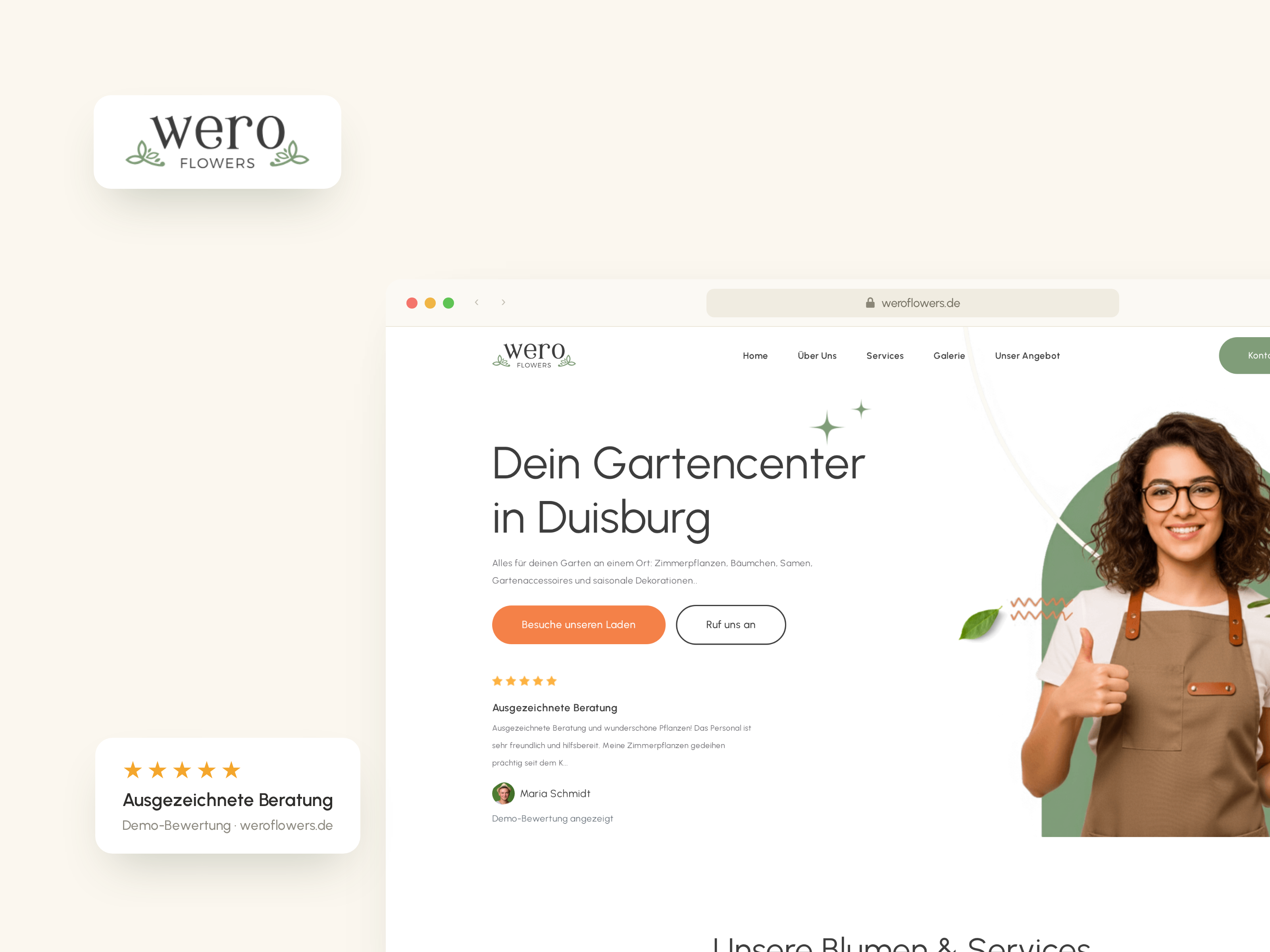 weroflowers.de landing page in a browser frame with the Wero Flowers logo and a five-star review card