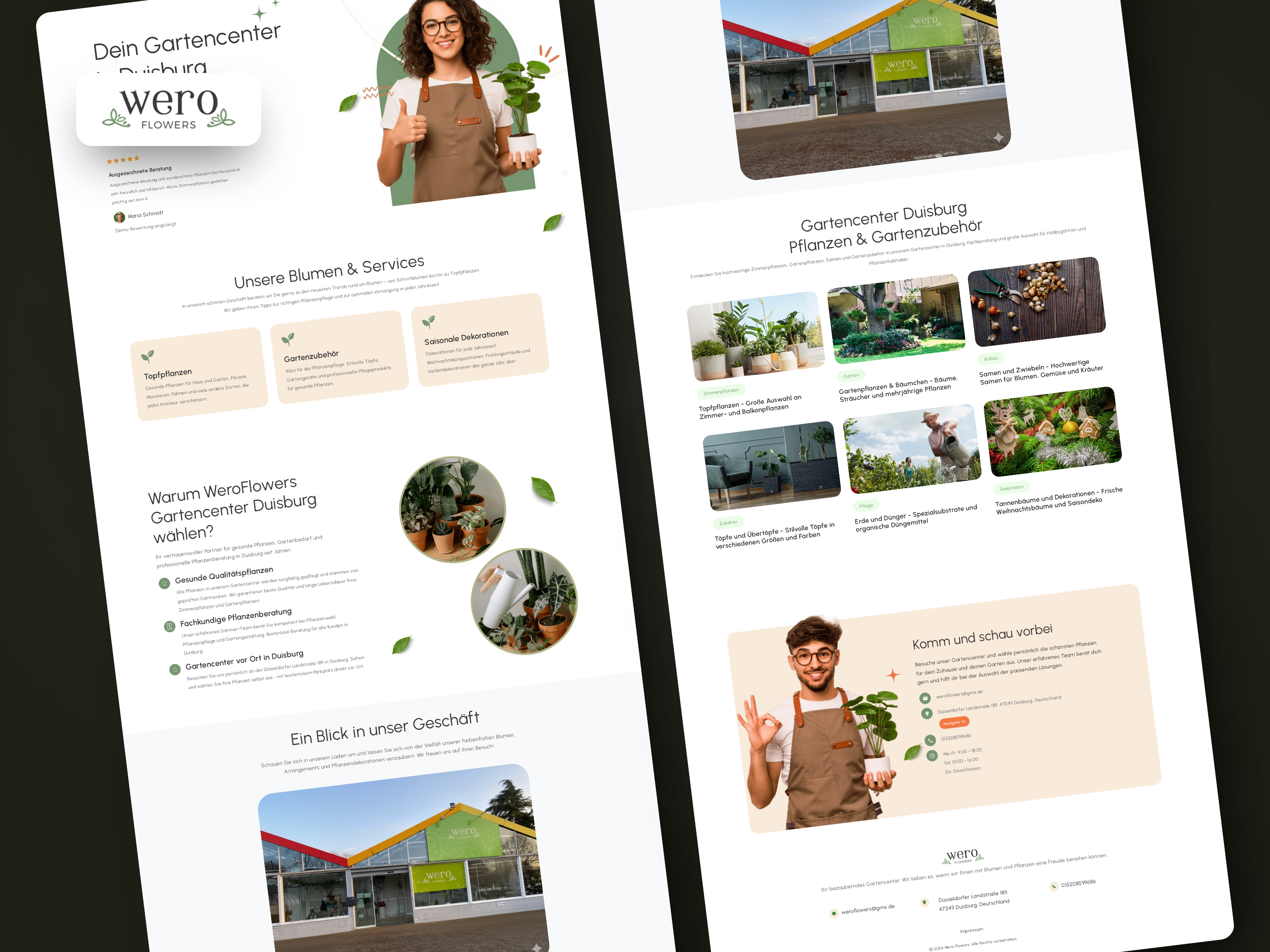 Two full-length captures of weroflowers.de side by side - services, gallery, offer grid and contact